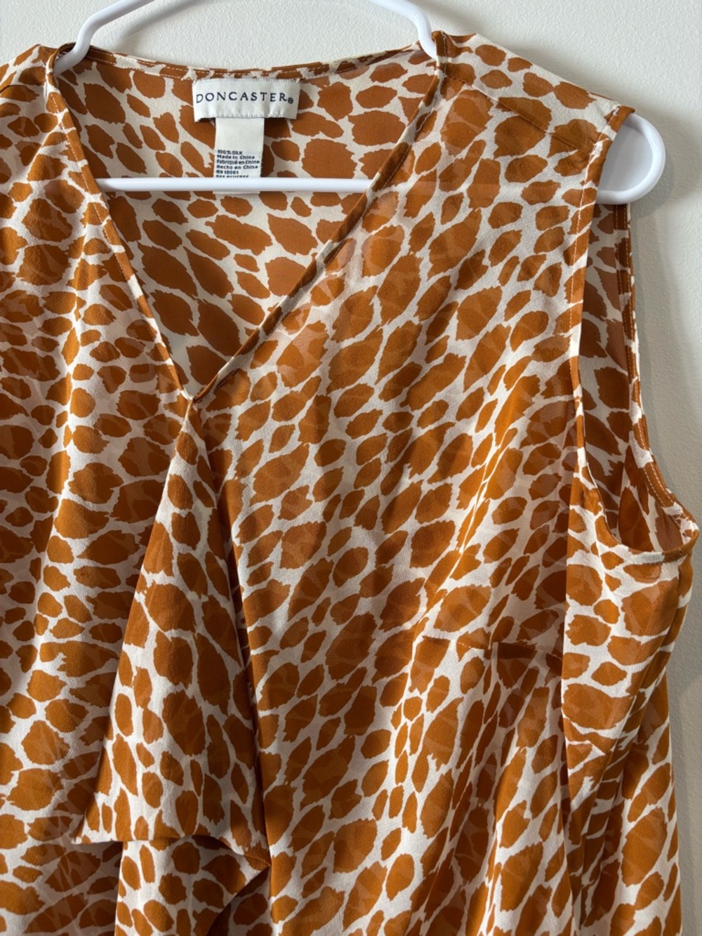 Doncaster 100% Silk Sleeveless Ruffle Front Blouse- Rust Animal Print - Picture 2 of 10